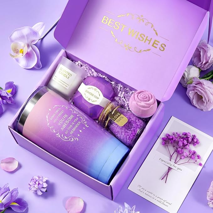 Birthday Gifts for Women, Gift Baskets Set for Mom, Wife, Her, Friend, Teacher, Nurses, Coworker, Self Care Spa Relaxation Baskets Set, Thank You Gift for Women Purple