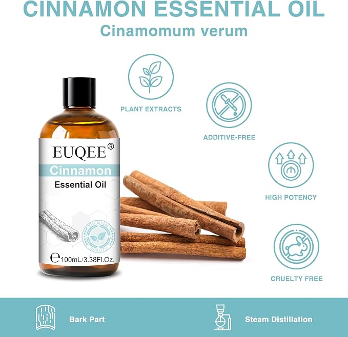 EUQEE 100ml Cinnamon Essential Oil, Pure Cinnamon Essential Oil for Diffuser, Massage, DIY Soap,Candle Making, Skin & Hair Care - 3.38 Fl Oz