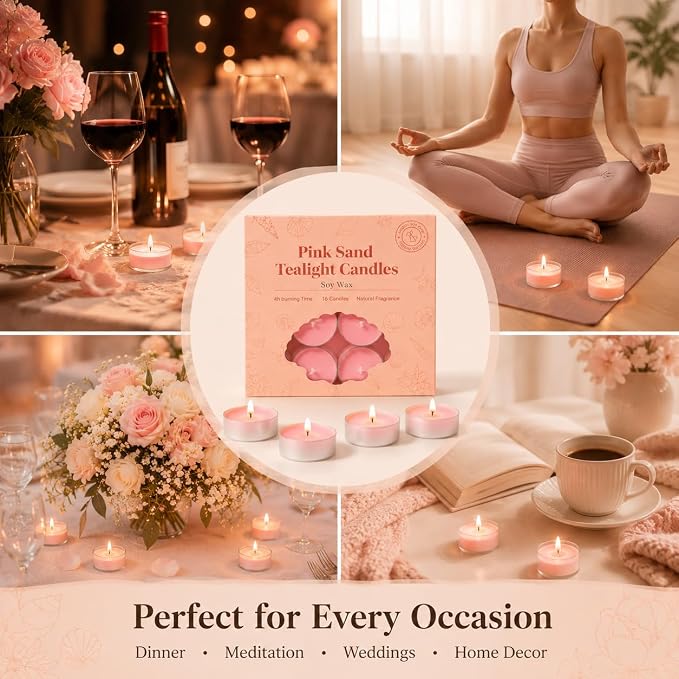 16Pcs Pink Sand Scented Tealight Candles, Pink Soy Wax Tea Lights with Essential Oils, 4h Long Burning Tea Light Candles for Spa, Romantic Decor, Meditation, Dinner, and Home Decor