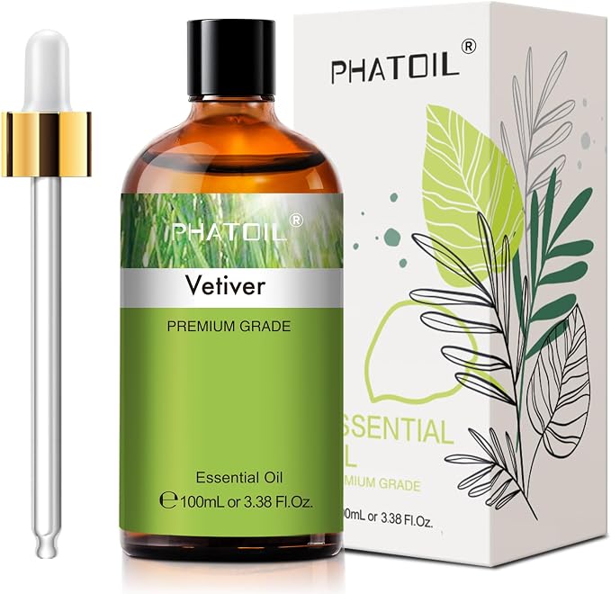 Vetiver 3.38fl.oz Essential Oil, PHATOIL Pure Aromatherapy Oils for Diffuser, Humidifier, Perfect for DIY Soap, Candle, Bath Bombs Making(100ml)