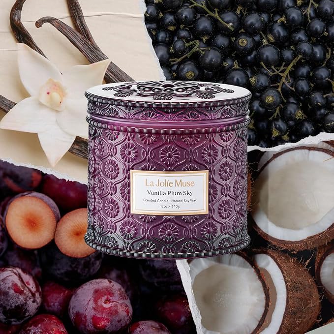 LA JOLIE MUSE Vanilla Plum Sky Scented Candles for Home, Soy Wax, 2-Wick | Large Jar Luxury Candle, Natural Clean Non Toxic, Gifts for Women & Men, Decorative Purple Candles for Candle Warmer,12 oz