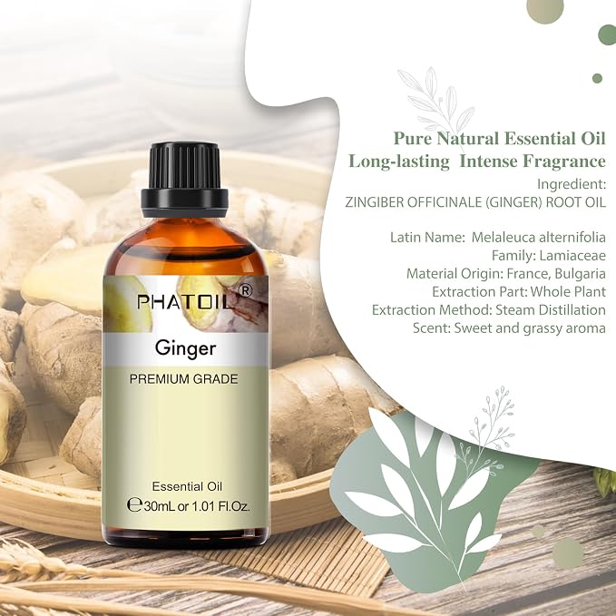 Ginger Essential Oil, 1.01Fl.Oz (30ML) PHATOIL Pure Essential Oil Singles for Aromatherapy Diffusers, Humidifiers, Great for DIY Candle and Soap Making, Gift for Friend