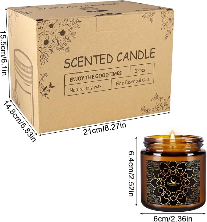 12 Pcs Ramadan Mubarak Scented Candle Set - Eid Candles for Home Decor, Aromatherapy Islamic Gifts for Women & Family, Mosque-Inspired Jar with Islamic Lanterns & Stars, Brown Soy Wax