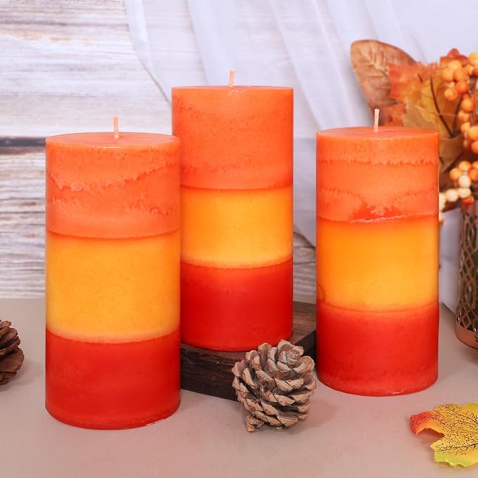 Tall 3x6 Inch Orange Pillar Candles 3 Pack Hand-Crafted Spiced Pumpkin Scented Candles Long Burn Time Dinner for Home Scented Housewarming Thanksgiving Gifts Fall Autumn