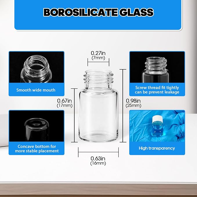 2ml Clear Glass Vials with Screw Caps and Plastic Stoppers, 1/2 Dram Small Liquid Sample Vial, Leak-Proof Vial, 25PCS(White Cap)