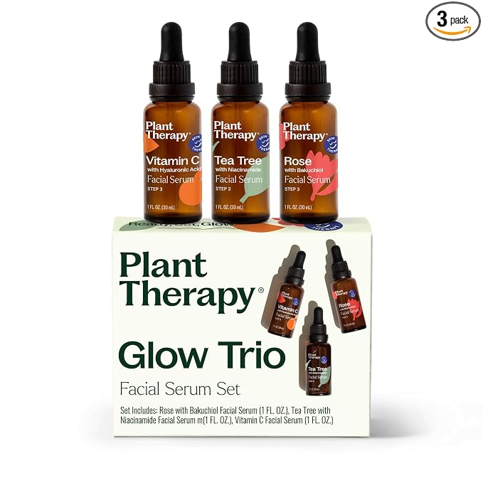 Plant Therapy Facial Serum Trio Set 1 oz each, Vitamin C & Hyaluronic Acid, Rose with Bakuchiol & Tea Tree with Niacinamide, Reduces the Appearance of Fine Lines & Wrinkles