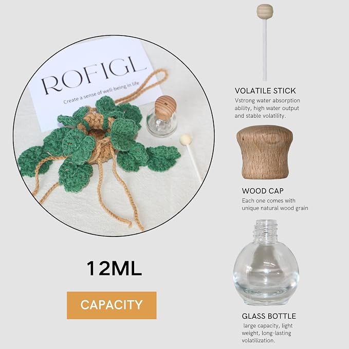 Cute Crochet Car Plant Monstera Essential Oil Diffuser Bottle - 12ml Refillable, Green Car Accessory for Mirror Decor and Home Decor