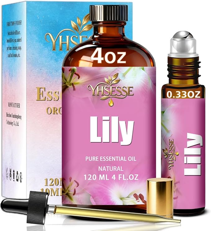 Lily Essential Oil, Lily Oil 4 Fl Oz 120ml for Diffuser Yoga Soap & Candle Making – with 0.33 Oz Roller Ball & Dropper YHSESSE Essential Oils