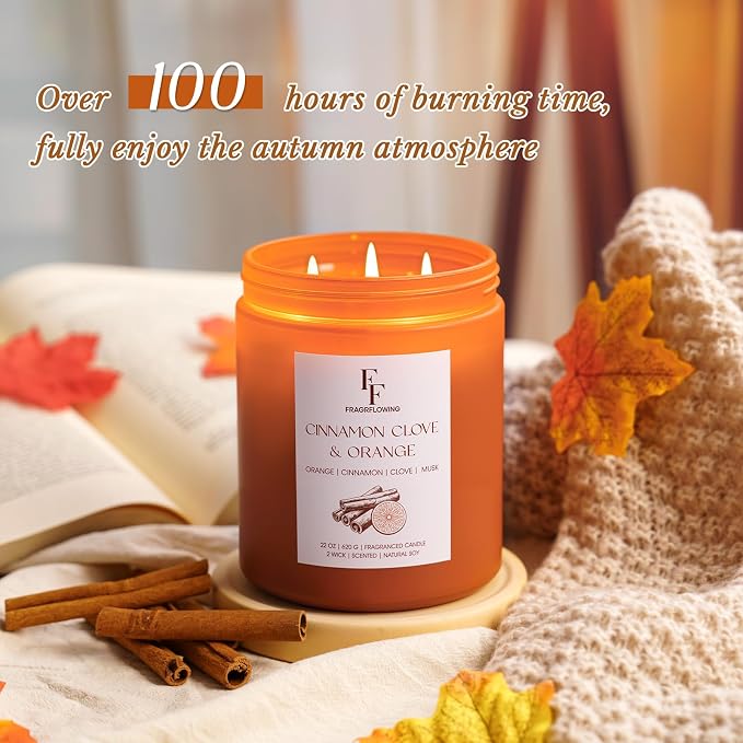 Large Christmas Spices Candle Cinnamon Clove Scented, 3-Wick 22oz Long Lasting Scented Candle, Natural Soy Wax Aromatherapy Candle for Home, Holiday Candle Gifts for Women Men