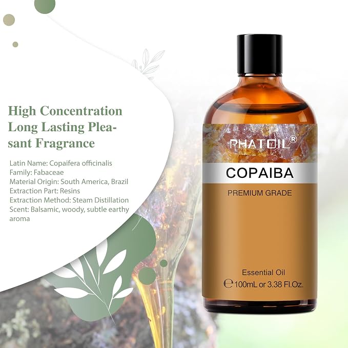 Copaiba 3.38fl.oz Essential Oil, PHATOIL Pure Aromatherapy Oils for Diffuser, Humidifier, Perfect for DIY Soap, Candle, Bath Bombs Making(100ml)