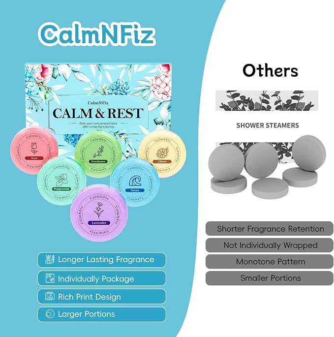 CalmNFiz 6 Pack Shower Steamers Aromatherapy, Birthday Gifts for Women Men, Mother’s Day Gifts for Wife Mom Grandma Daughter Teen, Relaxation Self Care Natural Essential Oil