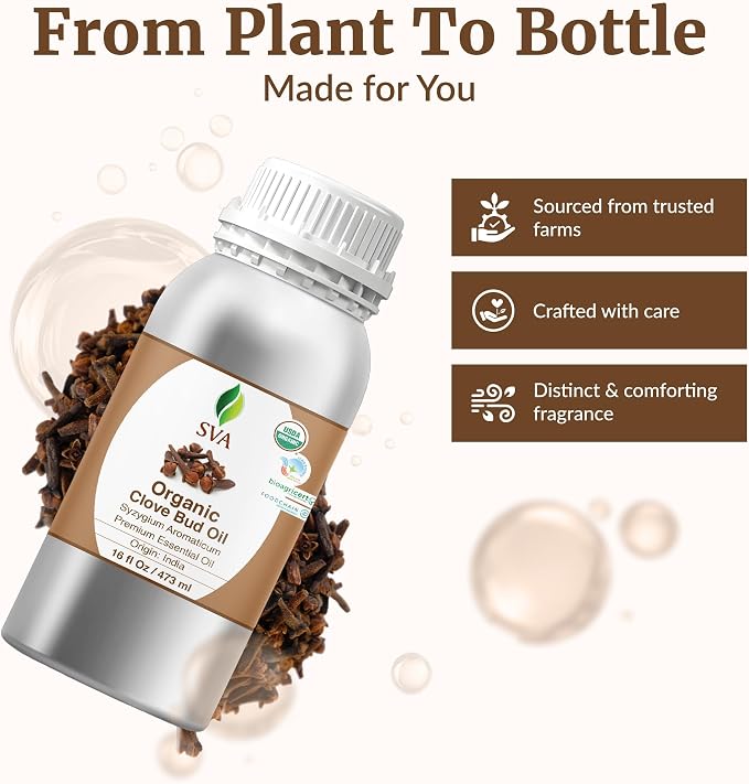 SVA Clove Essential Oil Organic– 16 Fl Oz – 100% Natural Clove Oil - for Diffuser, Hair Care, Face, Skin Care, Aromatherapy, Scalp and Body Massage, Soap and Candle Making