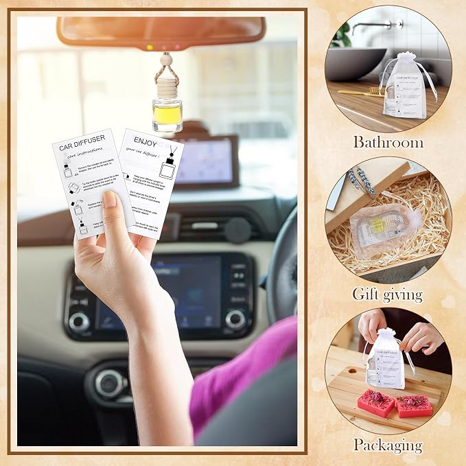 Boao 15 Sets Hanging Car Air Freshener Diffuser Bottles Empty Bulk with Car Diffuser Instruction Cards Organza Bags Glass Refillable Essential Oil Fragrance Aromatherapy Pendant (Cylindrical)