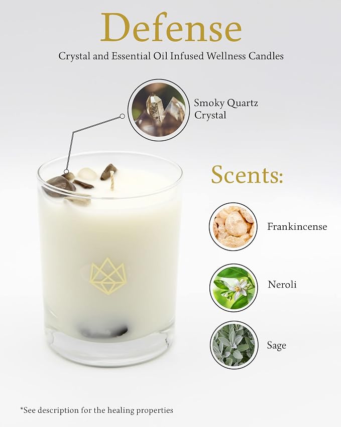 Luxury Glass Jar Candle, 14.5 OZ, Defense - Smoky Quartz Crystal Infused - Scents of Frankincense, Neroli, & Sage - Detoxify, Ground, & Fortify - Coconut Wax Blend, Essential Oils