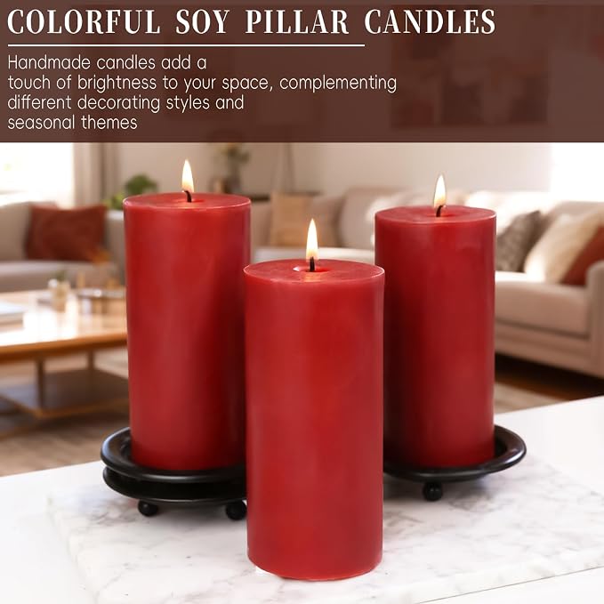 2.8x6 Inch Soy Pillar Candles 270 Hours Long Burning Natural Soy Wax Emergency Candles Smokeless Red Pillar Candles Dripless Handmade Pillar Candle for Wedding Table Home, 3 Pack