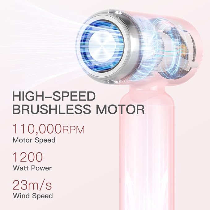 Webeauty Mini Hair Dryer with Diffuser, 110,000RPM High-Speed Motor, 200M Negative Ions Protect, 3-Temp & 2-Speed Settings, Lightweight Travel-Friendly Blow Dryer with Magnetic Attachments (Pink)