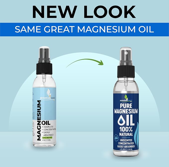 Pure Magnesium Oil Spray 4oz - Topical Magnesium Spray for Sleep & Feet - Extra Strength - USP Grade - 100% Natural and Organic Oil for Muscle Pain & Cramps - Less Sting - Less Itch - Made in USA