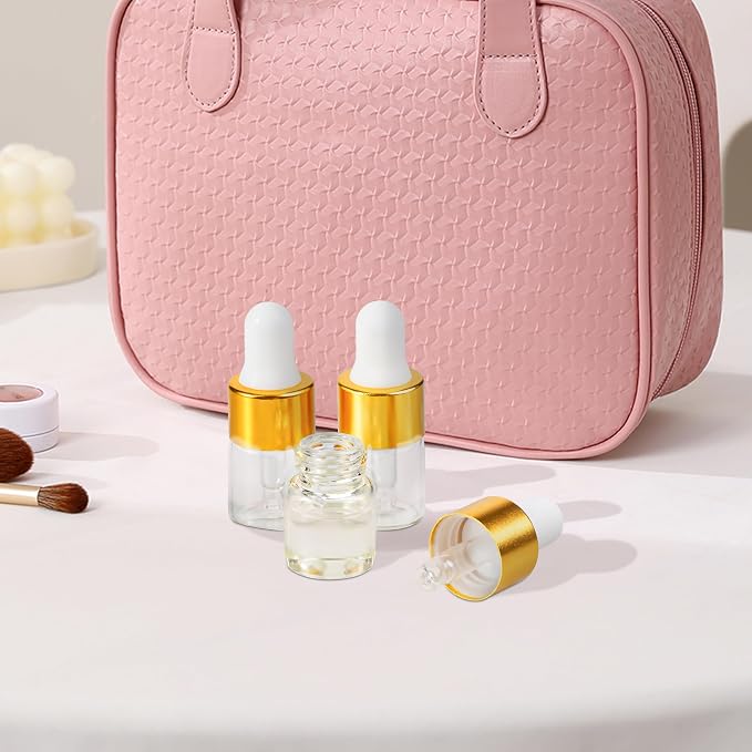 100pcs Mini Glass Dropper Bottle for Essential Oil,2ml Small Clear Sample Dropper Vails with Gold Cap,Perfume Cosmetic Liquid Containers for Traveling