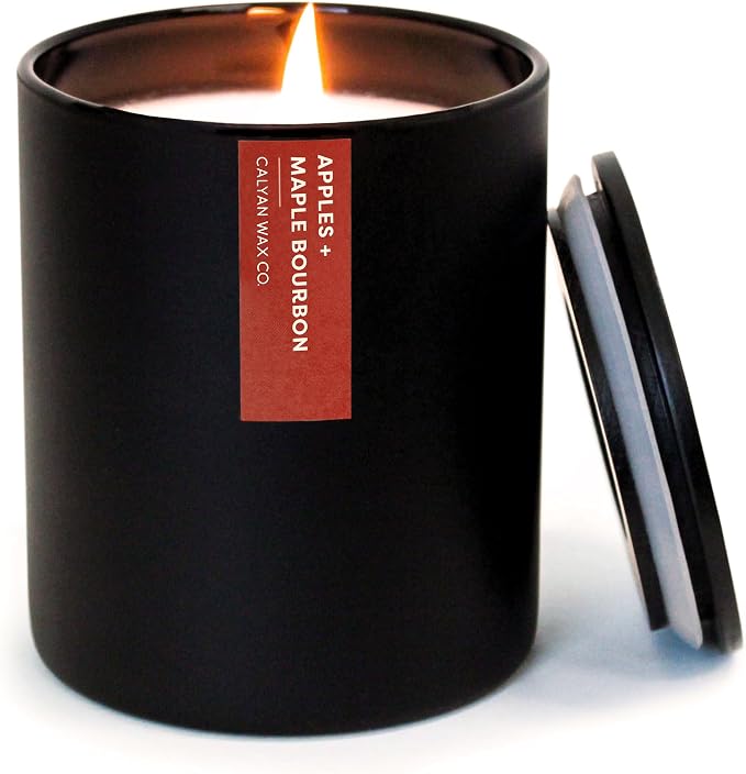 Calyan Wax Co. Apples & Maple Bourbon Scented Candle - 75 Hour Burn - Luxury Clean Soy Wax Candles - Long Lasting Black Tumbler Jar Candle for Home - 10.2oz