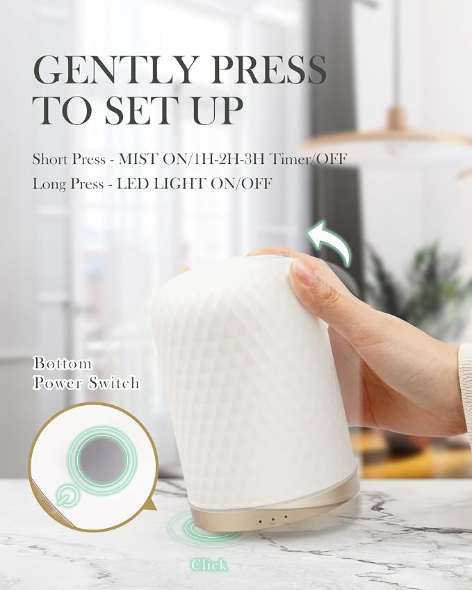 Onaboviva Essential Oil Diffuser - 2.4 MHz Ultrasonic Cold Mist Aromatherapy Diffuser with 3 Timers, Auto Shut-Off, Ceramic Night Light Diffuser for Home, Bedroom, Office