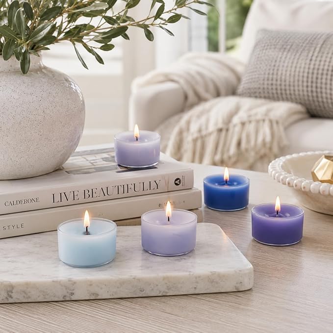 Blue Ombre Tea Lights Candle Set of 24, Sea Salt Scented Tealight Candles, Handmade Tea Candles, Long Burning Tealights for Romantic Wedding Home Decor Gift