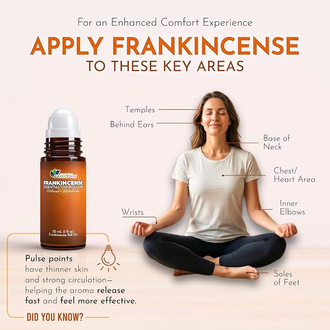 Frankincense Essential Oil Roll-On, 30mL (1 fl oz) – Pre-Diluted in Fractionated Coconut Oil (FCO) – Oil-Based, Alcohol-Free Aromatherapy Roller