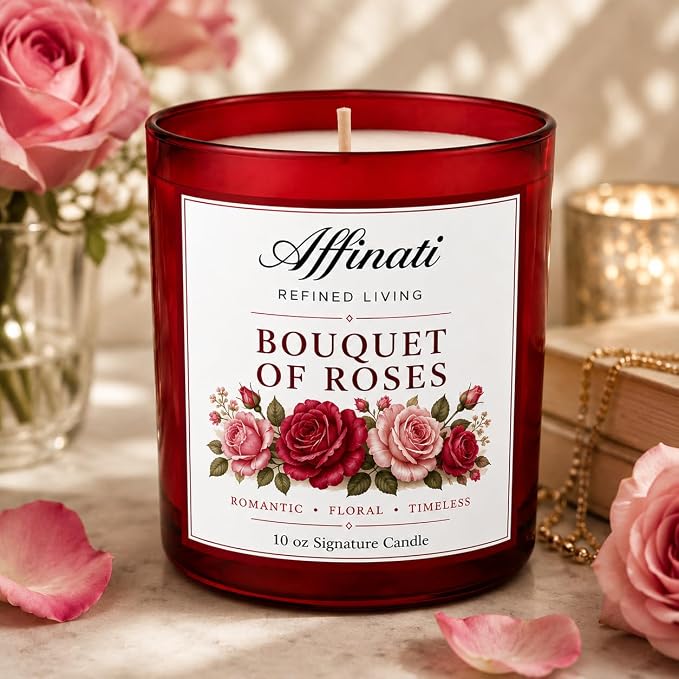 Affinati Bouquet of Roses Signature Candle - 10 oz Luxury Soy Blend Wax Candle, Long-Lasting Home Fragrance