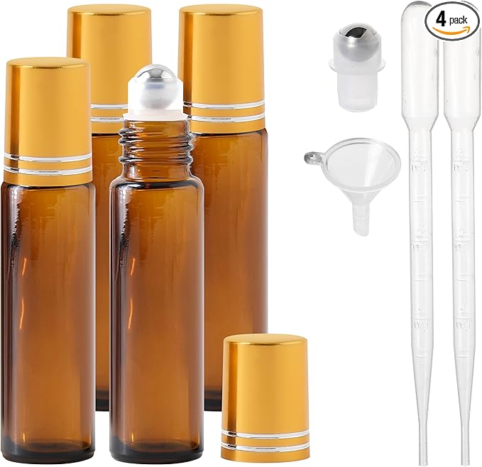 Essential Oil Roller Bottles, 10ml Thick Glass Perfume Roller Bottles with Funnel Opener and Dropper Colored Glass Empty Bottles with Stainless Steel Roller Balls (Brown - golden cover, 4 Pack)