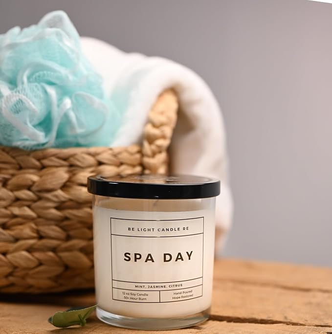 Stress Relief Candle | Purpose-Driven Soy Scented | Fragrance for Home | 8oz Long Lasting Scent | Non-Toxic | Aromatherapy | Gifts for Women | Be Light Candle RE (Spa Day)