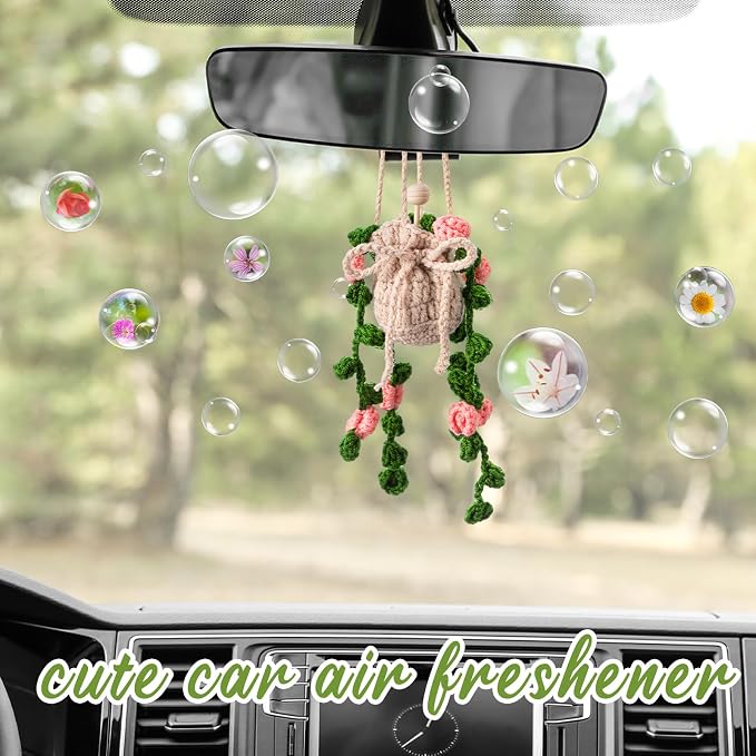 DaisyInner Cute Crochet Plant Car Freshener 12ml Empty Refillable Diffuser Bottle with Plants Hanging Accessories for Ornaments Charms Rearview Mirror Home Office Decor Women Gifts(Flower)