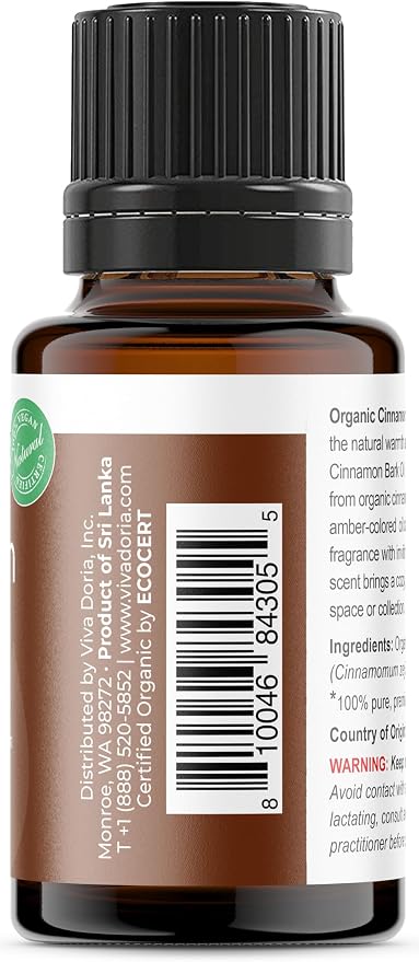 Viva Doria Organic Ceylon Cinnamon Bark Oil - 100% Pure, Natural, Undiluted, Food Grade Essential Oil, 15 mL (0.5 Fl Oz)