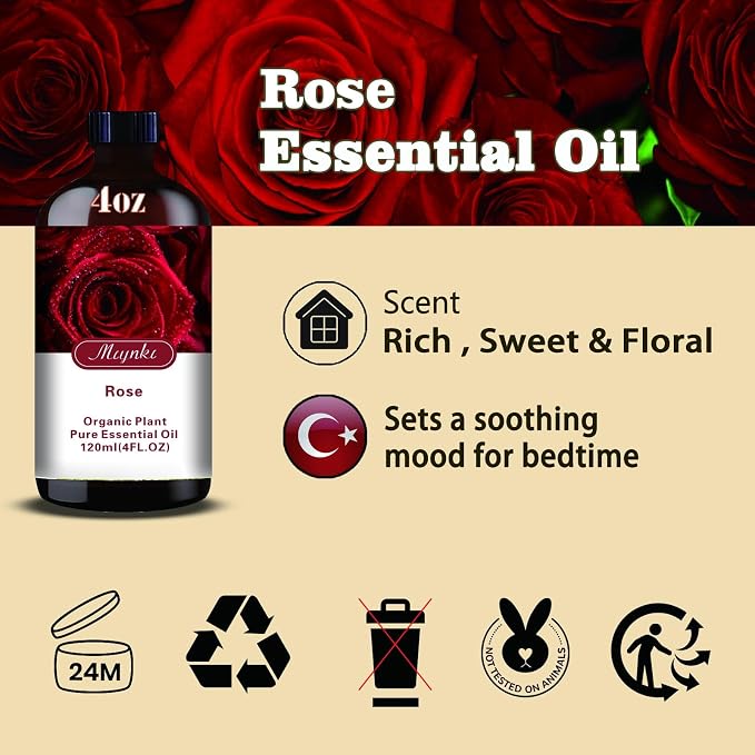 Rose Essential Oil, Rose Oil for Skin Care, Massage, Diffuser, Humidifier, DIY Soap, Candle, Bath, Yoga, Gift Ready,Rose Fragrance Oil - MLYNKL Essential Oils (4.33 fl oz / 130ml)