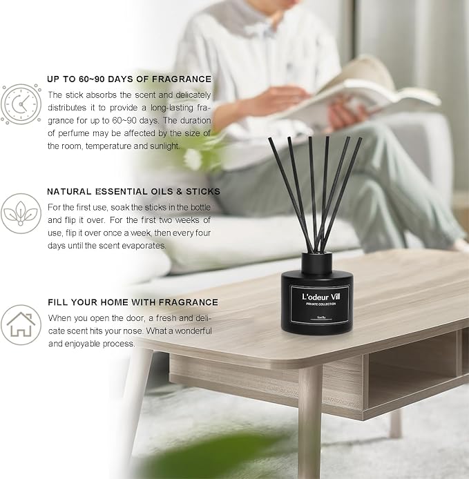 L'odeur Vill Reed Diffuser, 3.4oz(100ml) Vanilla Reed Diffuser Set with 6 Oil Diffuser Sticks, Matte Black Aroma Scent Diffuser, Long Lasting Home Fragrance for Bathroom Shelf Decor