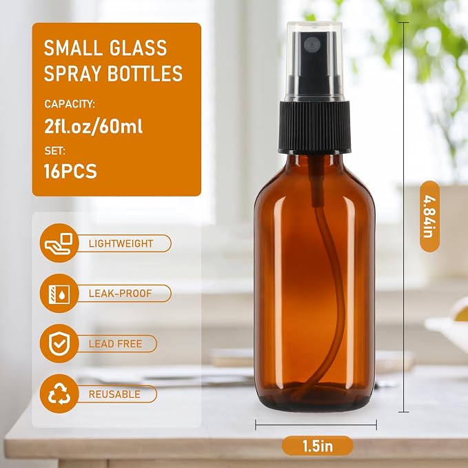 Jaisie.W 16 Pack 2oz Amber Glass Spray Bottles with Fine Mist Sprayer, Small Empty Refillable Containers for Essential Oils, Perfumes, Travel, Cleaning – Includes Labels, Droppers & Brush