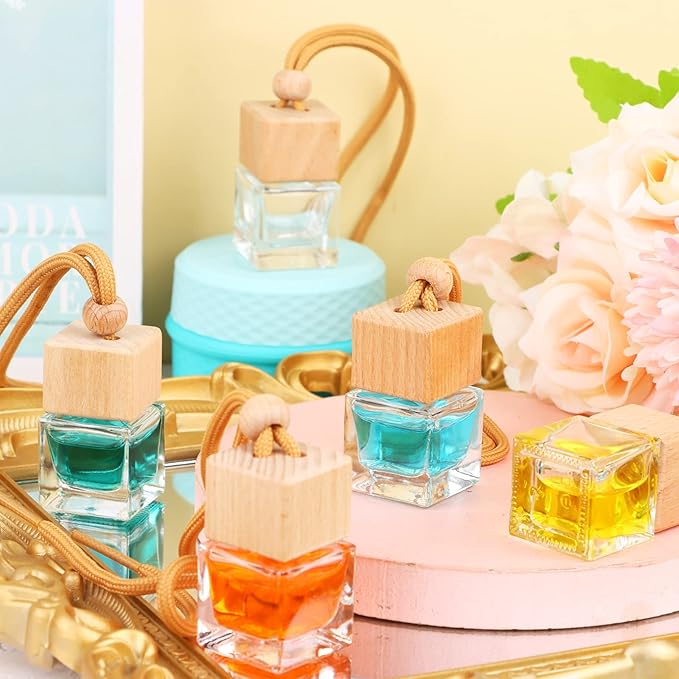 60 Pcs Hanging Car Air Freshener Car Diffuser Bottle Empty Glass Perfume Bottles Air Freshener Diffuser Bottle Pendant for Essential Oils Fragrance Aromatherapy Ornament Decor (Fresh Style)