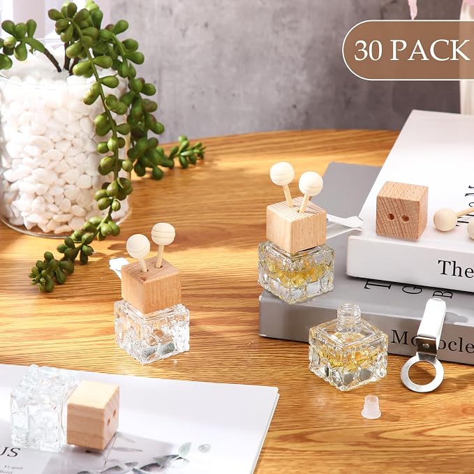 Zubebe 30 Pack Car Air Freshener Diffuser with Vent Clip Empty Car Diffuser Bottles for Essential Oil Perfume Glass Bottle with Wooden Caps Stick(Classic)