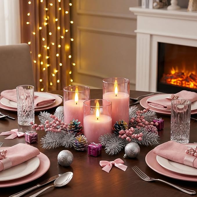 Homemory Pink Glass Flameless Candles, Battery Operated LED Pillar Candles with Remote & Timer, Real Wax Flickering Candles, Romantic Decorative Lights for Home Wedding Party, Set of 3