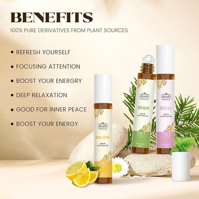 Essential Oils Roll On Set,Gifts for Father & Husband (Calm, Relax, Breathe, Focus on, Sleep, Renew), Natural Aromatherapy Oil Blend Kit with Roller Ball for Massage, Body Skin Care, Relaxation Gift