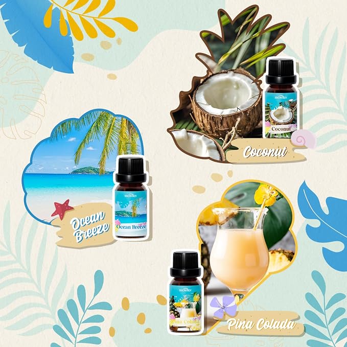 Summer Essential Oil Set for Diffusers for Home Premium Fragrance Oils - Includes Watermelon, Coconut, Ocean Breeze, Plumeria, Vanilla Ice Cream & Pina Colada, Candle Making Scents, 6X10ml