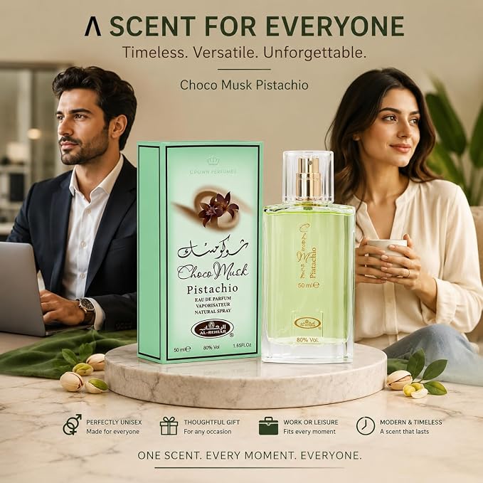 Al Rehab Choco Musk Pistachio Eau de Parfum Spray for Unisex, 1.65 Ounce / 50 ml