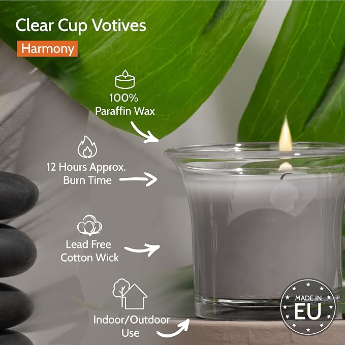HYOOLA Clear Cup Scented Votive Candles - Harmony - 12 Hour Burn Time - 4 Pack - European Made