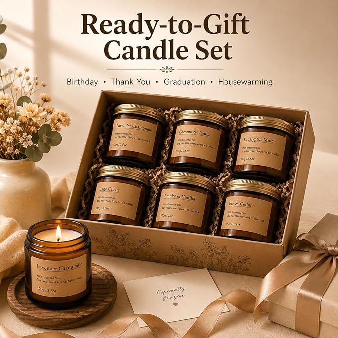 6-Pack Scented Candles for Home, 3.5 Oz Soy Wax Aromatherapy Candle Gift Set, Lavender Chamomile, Eucalyptus Mint & Vanilla, Birthday Gifts for Women, Thank You Graduation Gifts