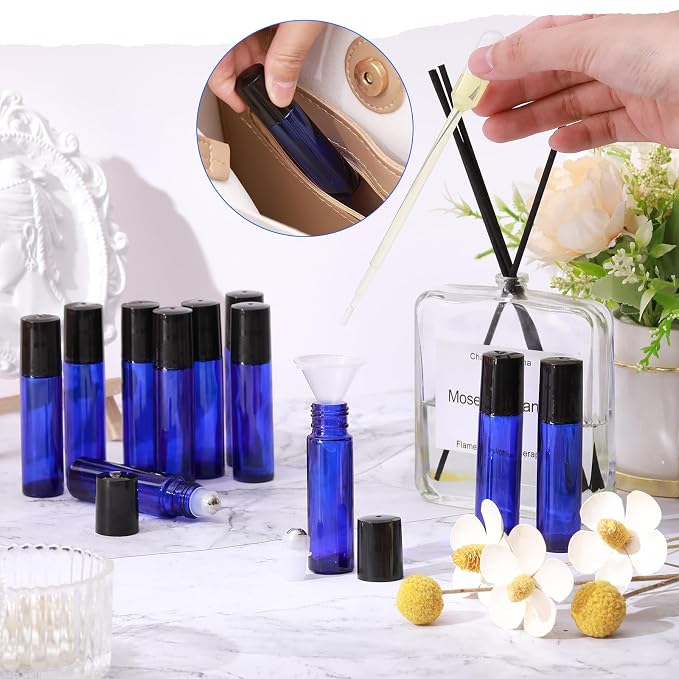 Domensi 30 Pcs Essential Oil Bottles, 10 ml Glass Bottle with Stainless Steel Roller Ball and Cap for Travel, Perfume, Lip Balm, 2 Funnels, 0.5 ml Dropper(Cobalt Blue)