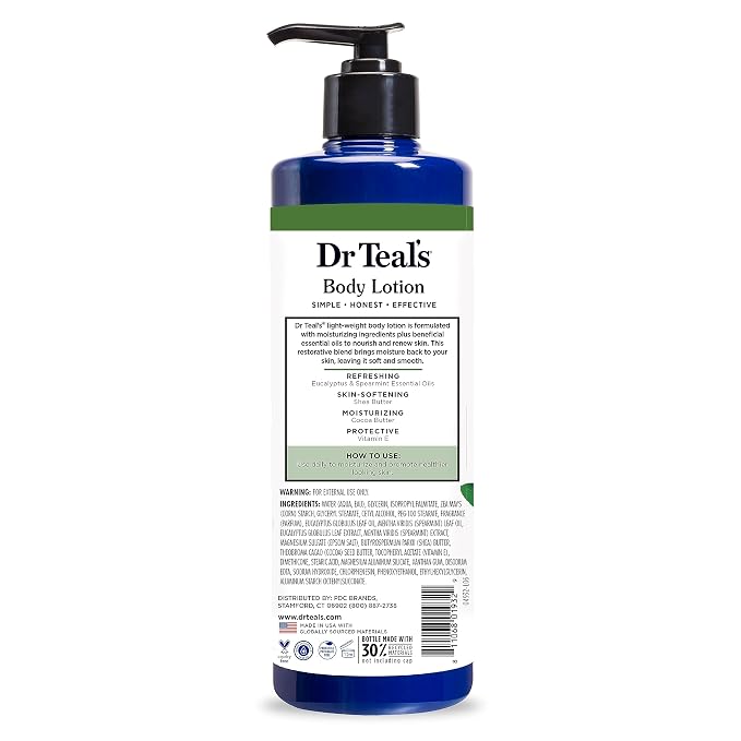 Dr Teal's 24 Hour Moisture+ Body Lotion, Eucalyptus & Spearmint & Essential Oils, 18 fl oz (Pack of 3)