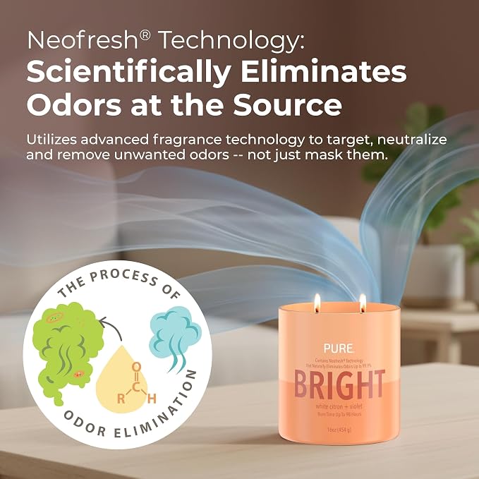 Candle-Lite Pure White Citron & Violet Odor Eliminating Scented Candles, Neofresh Technology Eliminates 99.9% of Odors, 16 oz 2-Wick Jar, Proudly Poured in The USA, Up to 60 Hours Burn Time