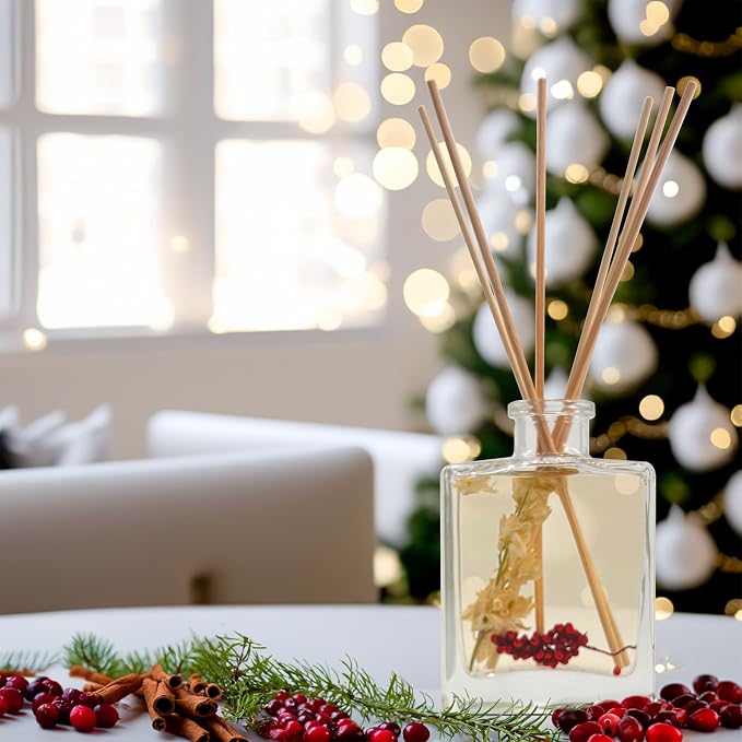 Urban Naturals Holiday Cheer Reed Diffuser Set – Cranberry, Cinnamon, Evergreen, Cedar & Smokey Wood – Made with Essential Oils – Sleek Rectangular Refillable Glass Bottle – Made in the USA