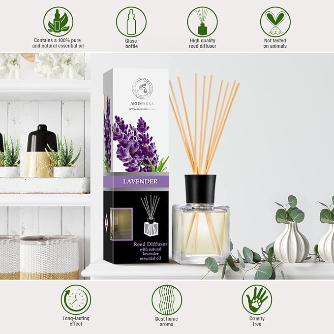 Reed Diffuser with Natural Essential Oil Lavender 6.8 Fl Oz - Scented Reed Diffuser - Gift Set with Bamboo Sticks - Best for Aromatherapy - SPA - Home - Office - Fitness Club