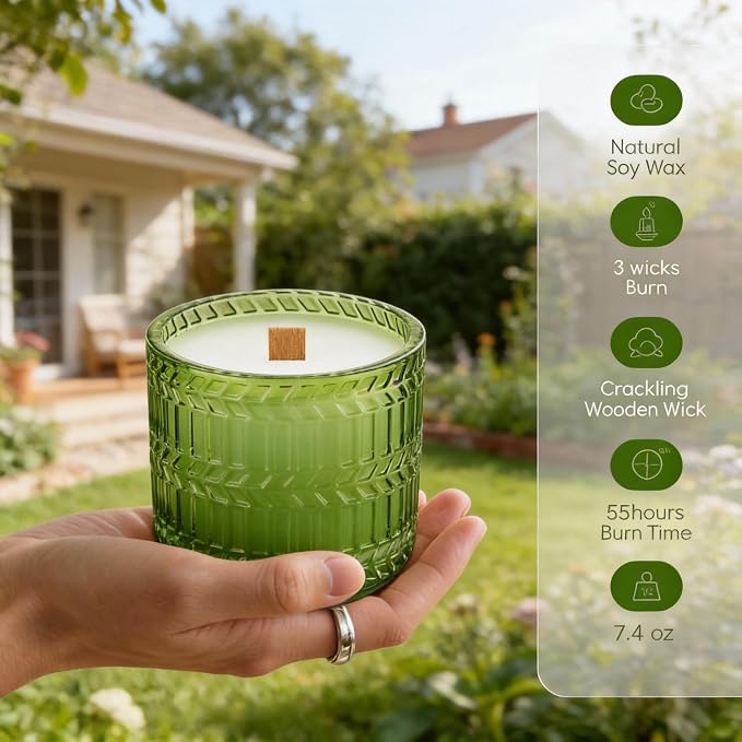 Hidden Label Citronella Candles Outdoor, 7.4oz Crackling Wood Wick | 55H Burn Time | Soy Wax Blend | Non-Toxic Formula | Botanical Lantern Glow | Patio Deck Ambiance | Gift Ready