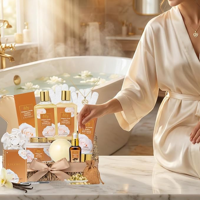 Gifts for Women, Birthday Gift - Vanilla Spa Gift Basket for Women, Mothers Day Gift Basket for Mom, Bath and Body Gift Basket Set, Spa Kit | Gifts for Christmas, Valentines Day Gift Sets for Her