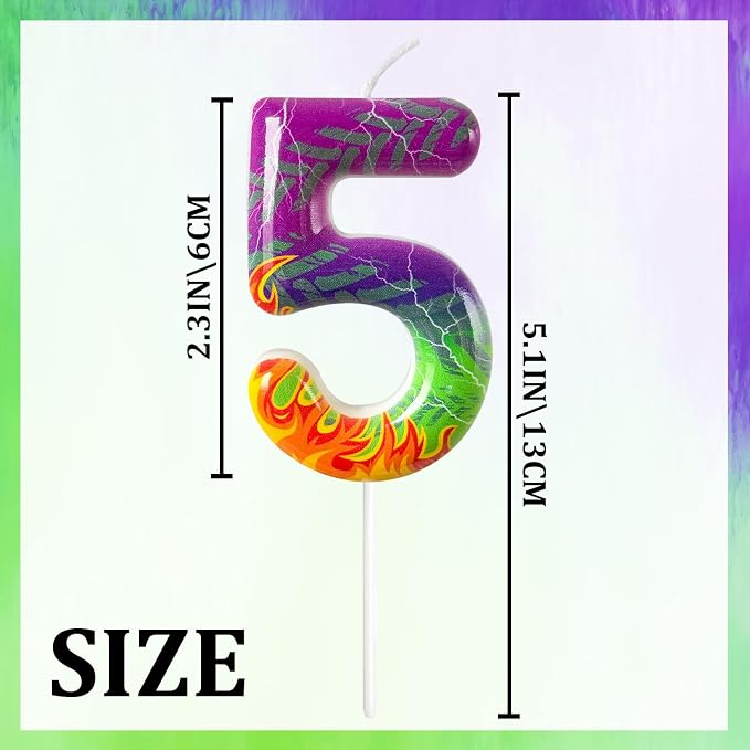 Number 5 Birthday Candle for Cake – Purple Green Flame Design with Lightning & Tire Track Pattern – Off-Road Truck Theme Cake Topper for Birthday Party Decoration
